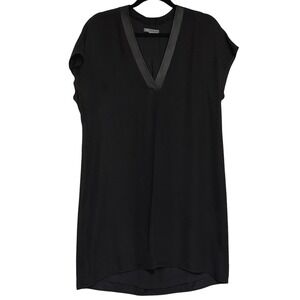 Vince Black‎ Silk Leather-Trim V-Neck Shift Dress Size M